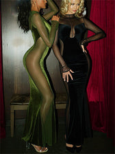 O Elegant Arm Dresses Fashion Full-Length Through Fall Party Gown Club Neck for Outfits Sexy - Long Mesh Patchwork See Women