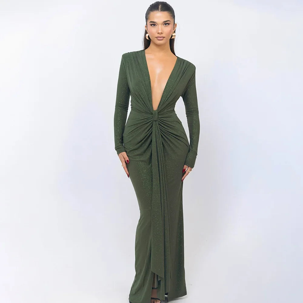 Glitter Deep V-Neck Long Sleeve Twist Front Ruched Maxi Dress 21