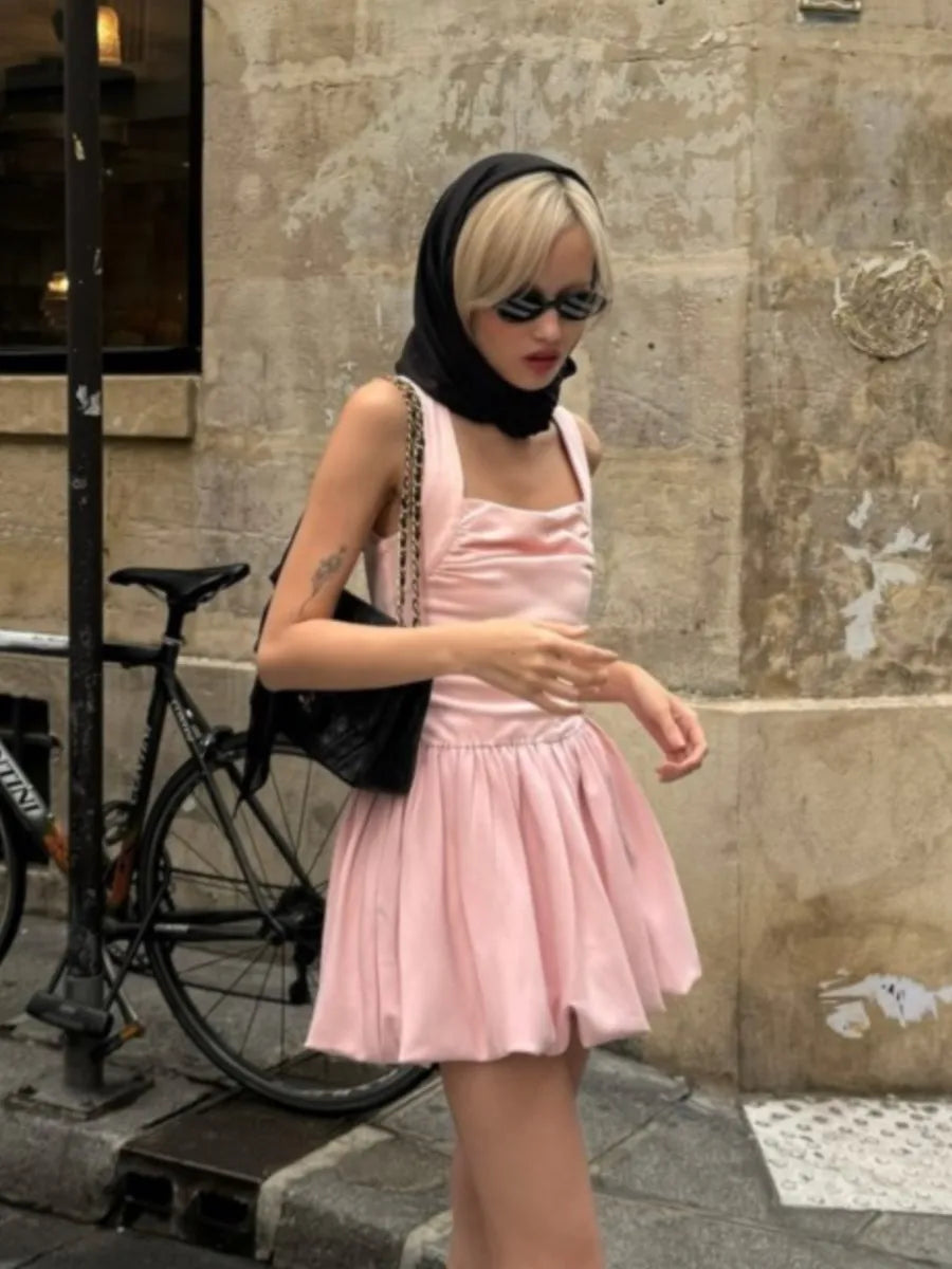 Spring Pink Sweet Mini Dress Women Square Collar Sleeveless Short A line Vestidos Elegant Fashion Casual Female Dresses 2025