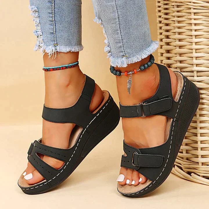 Open Toe Cut Out Hook and Loop Wedge Sandals
