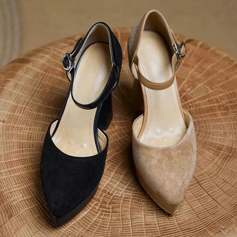 Suede Ankle Strap Platform Block Heel Pumps