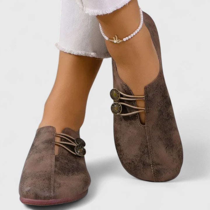 Suede Look Button Loop Cutout Round Toe Flats