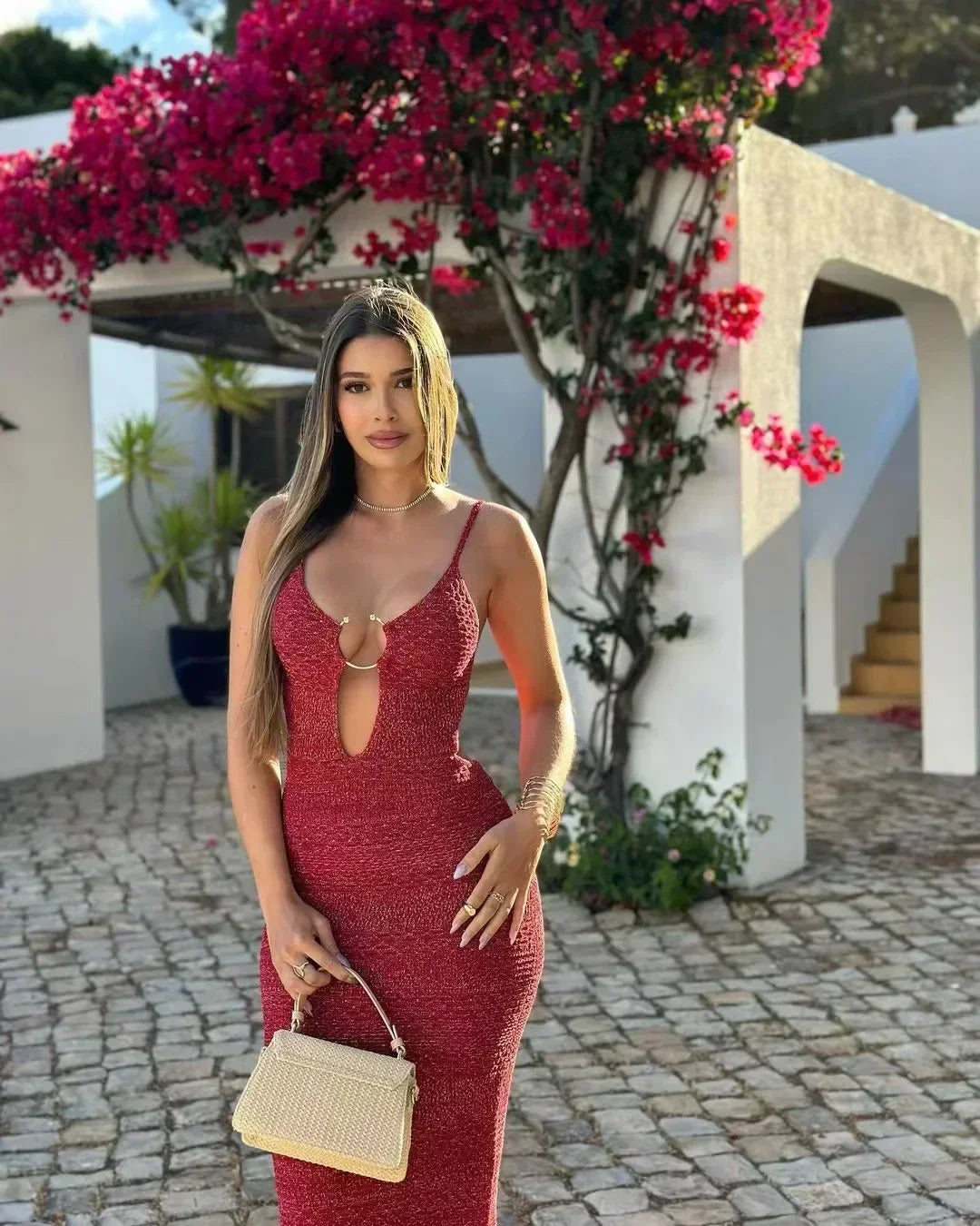 Metallic Knit V-Neck Ring Keyhole Cut Out Bodycon Midi Dress 14