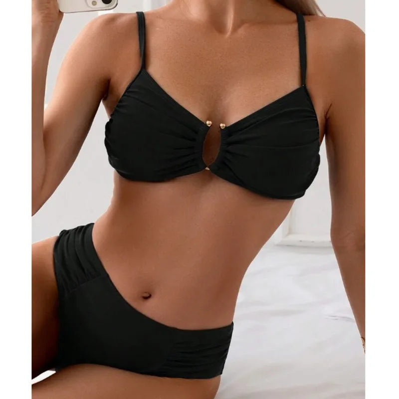 Ruched Keyhole Front Underwire Two Piece Bikini Set