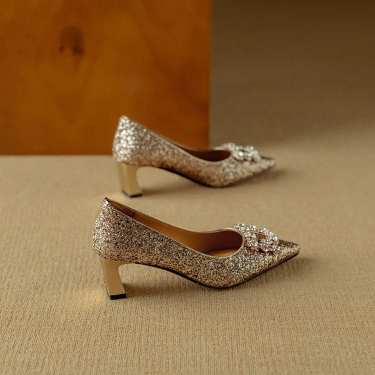 Pointed Toe Glitter Rhinestone Buckle Block Heel Pumps