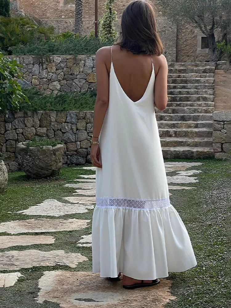 White Satin Mesh Backless Maxi Dress 5