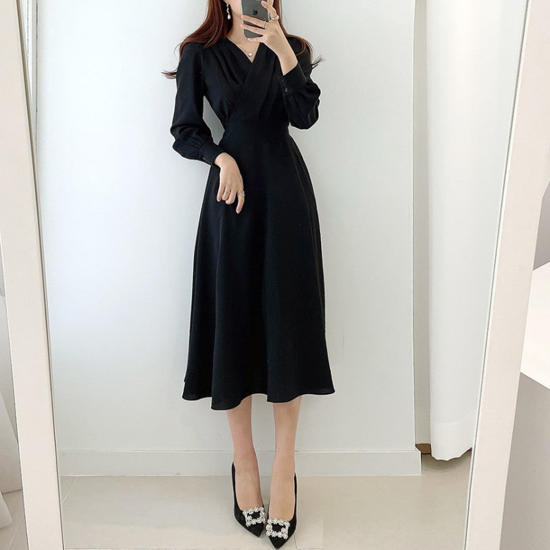 V-Neck Wrap Long Sleeve A-Line Midi Dress 6