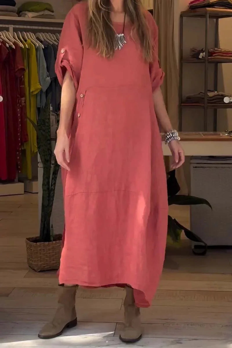 V-Neck Roll Tab Sleeve Pocket Oversized Maxi Dress