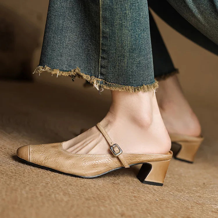 Embossed Square Toe Buckle Strap Block Heel Mary Jane Pumps