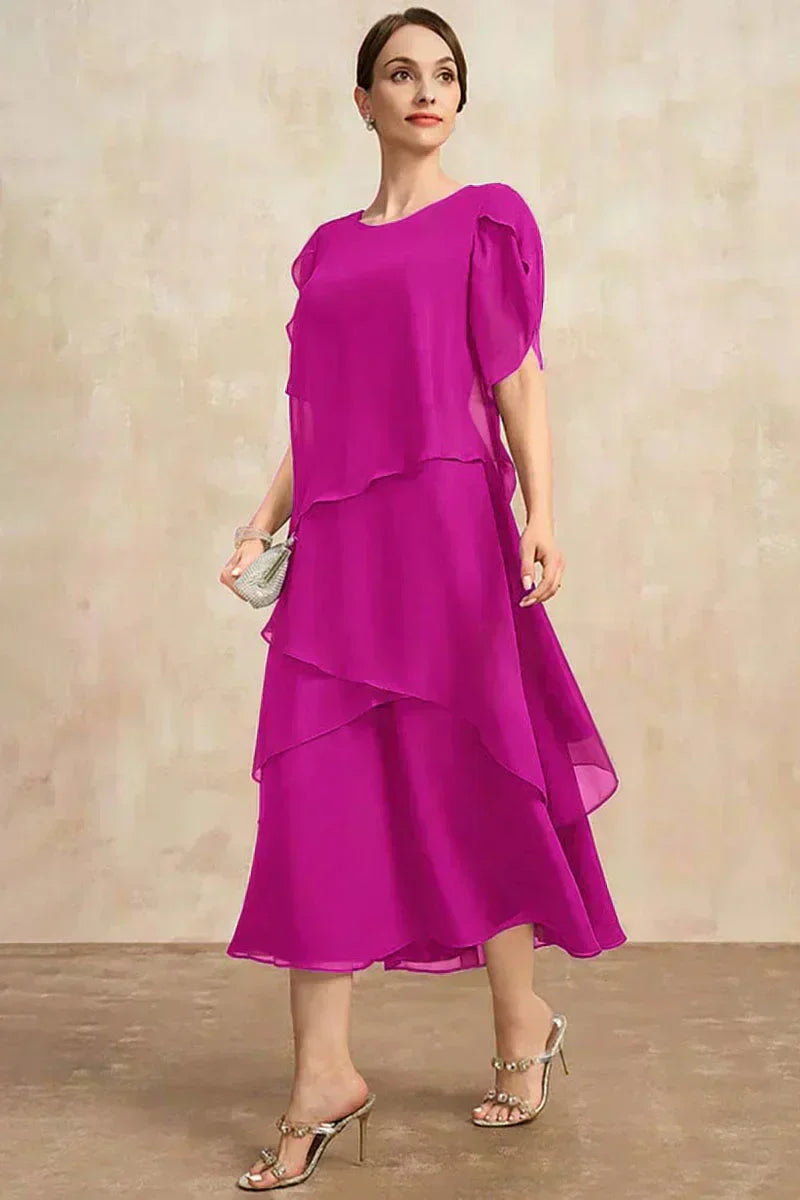 Belle - Flowy Short Sleeve Irregular Layered Long Dress Dark Pink