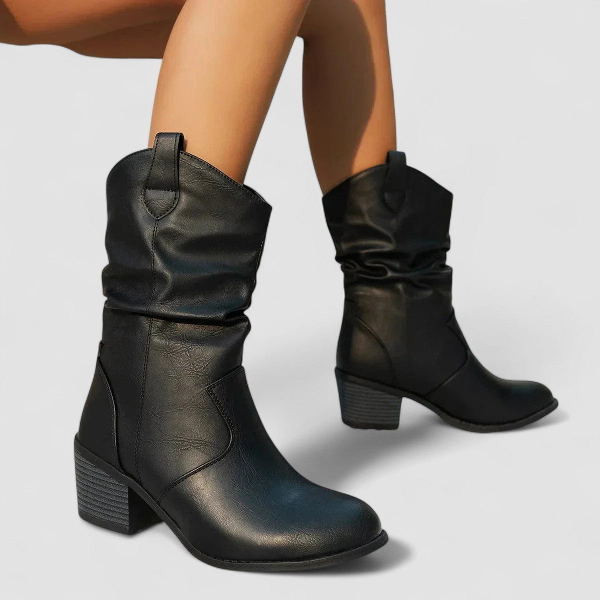 Slouch Block Heel Western Ankle Boots