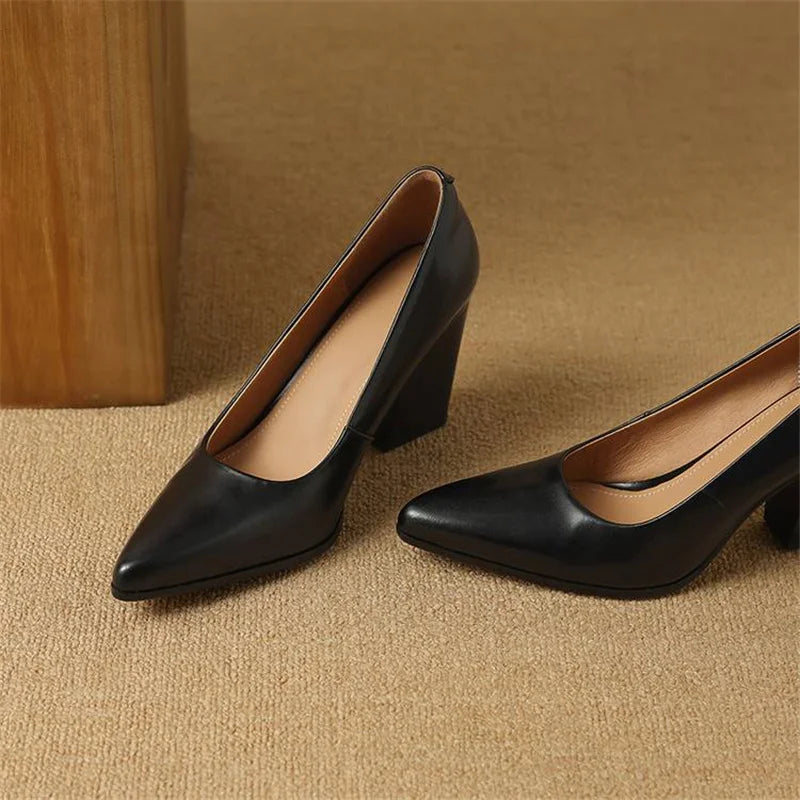 Pointed Toe Block Heel Slip On Leather Look Pumps