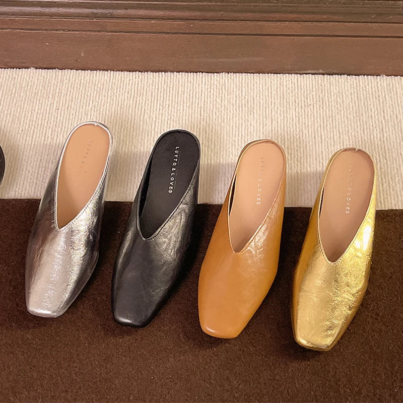 Metallic Square Toe Flat Mules