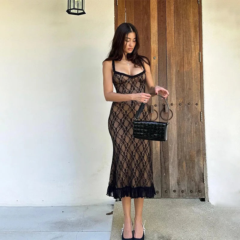 Mesh Lace Plunge Neck Midi Dress 5