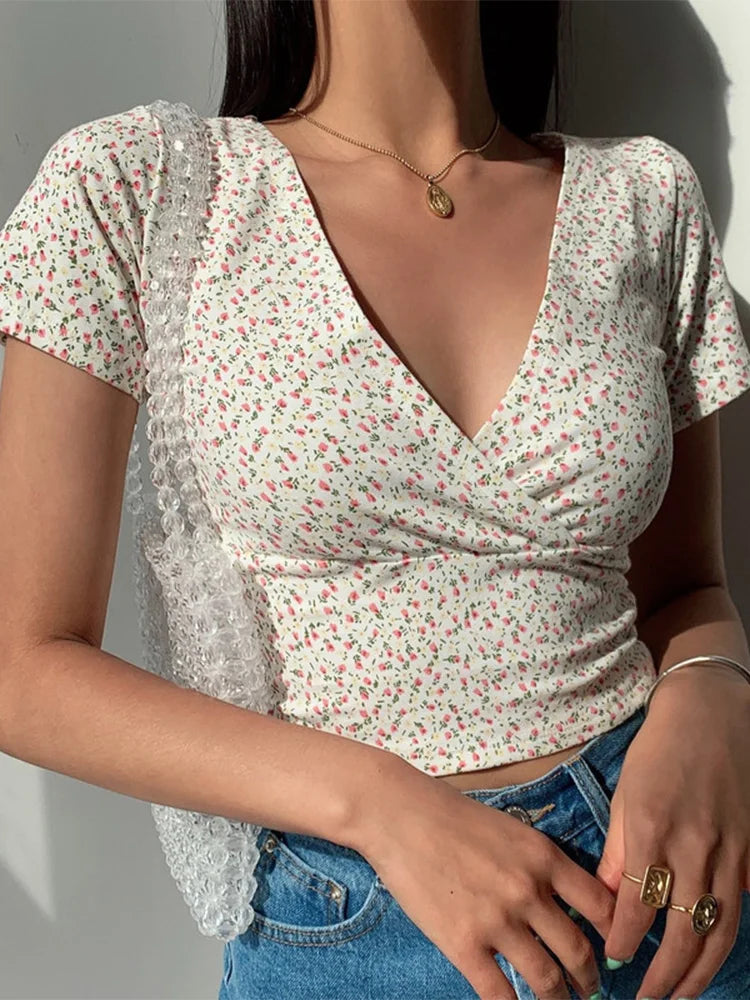 French Floral V-neck Slim Fit Crop Top