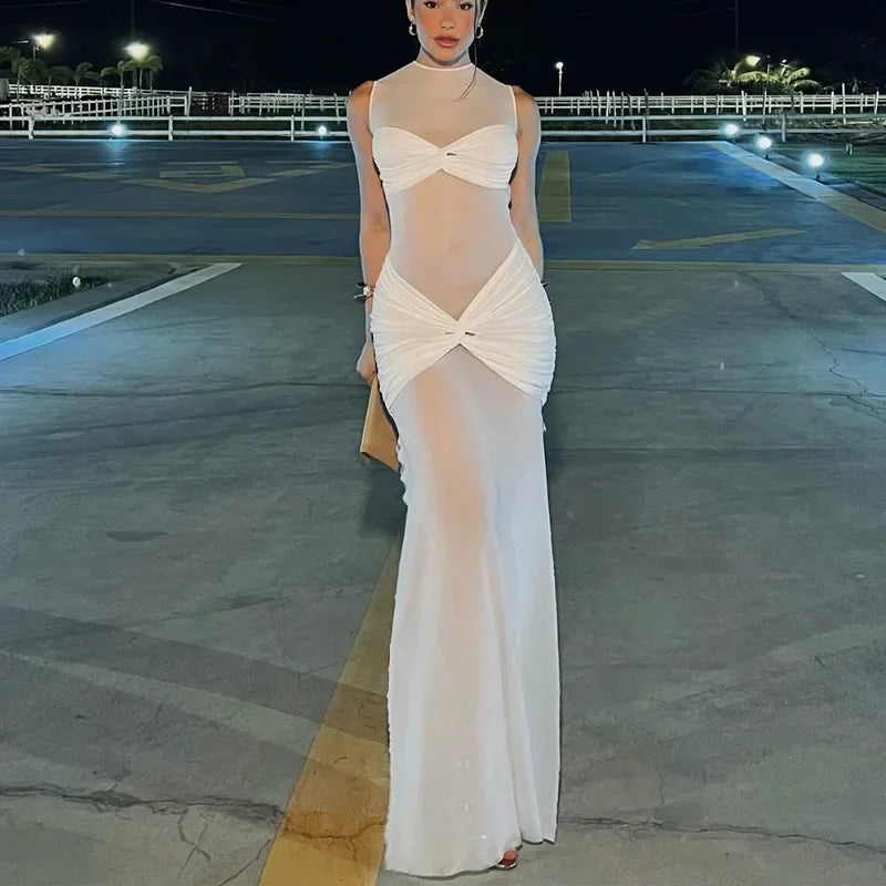 White See - Through Pleated Mesh Long Dress