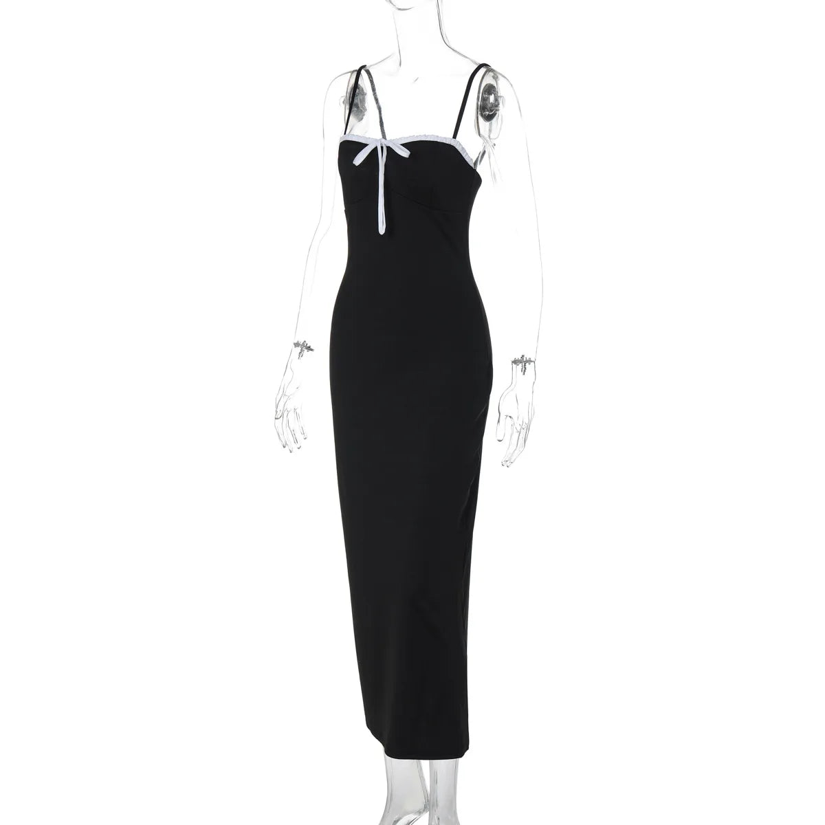Contrast Lace Trim Bow Front Spaghetti Strap Bodycon Maxi Dress 12