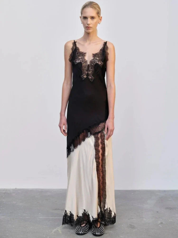 Satin V-Neck Lace Trim Colorblock High Split Maxi Slip Dress 2