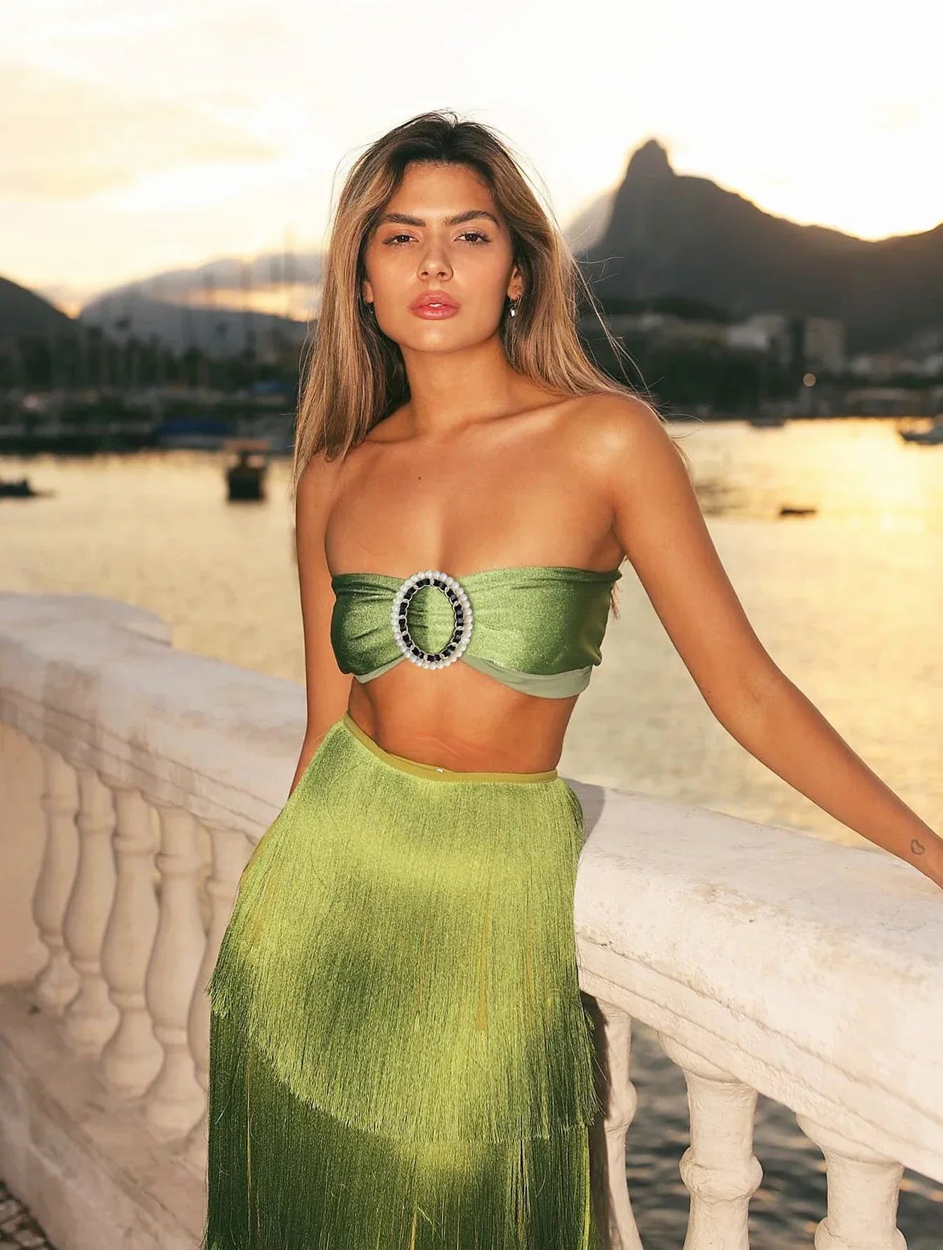 Tassel A Line High Waist Beach Two Piece Skirt Set