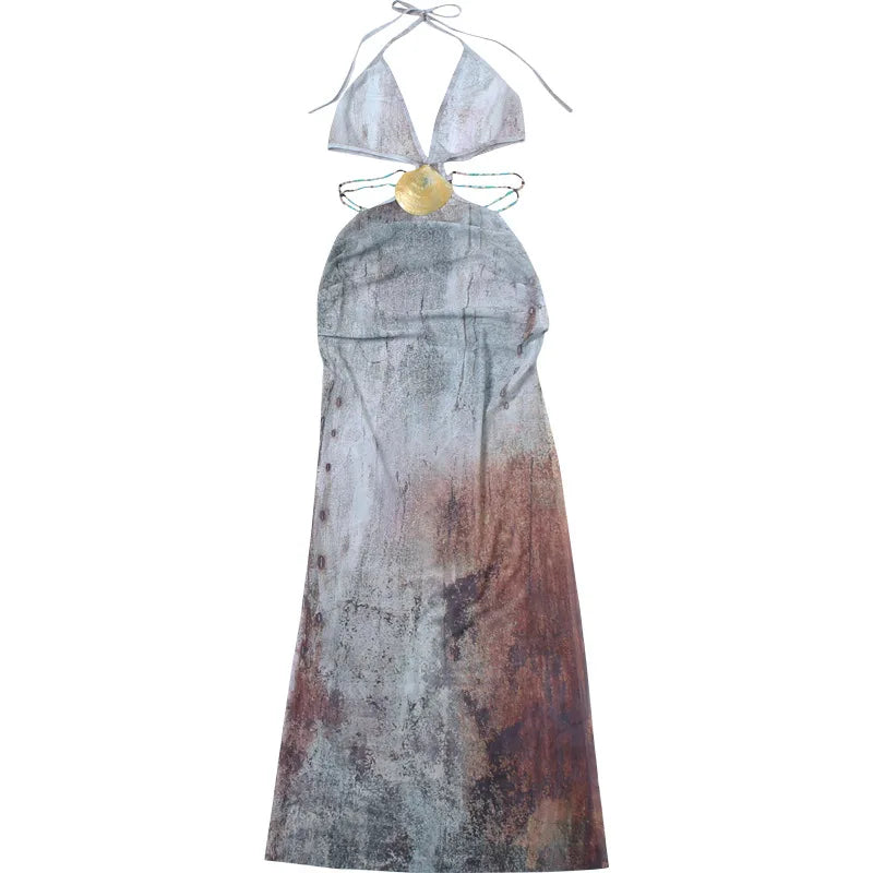 Abstract Print Deep V-Neck Halter Cut Out Shell Detail Maxi Dress 8