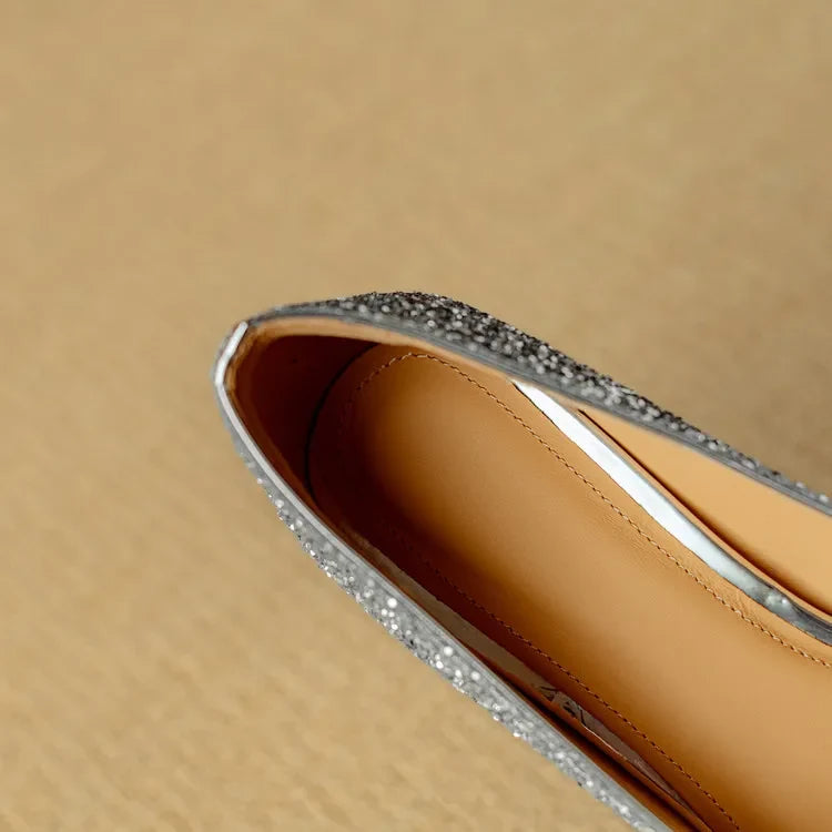 Pointed Toe Glitter Rhinestone Buckle Block Heel Pumps