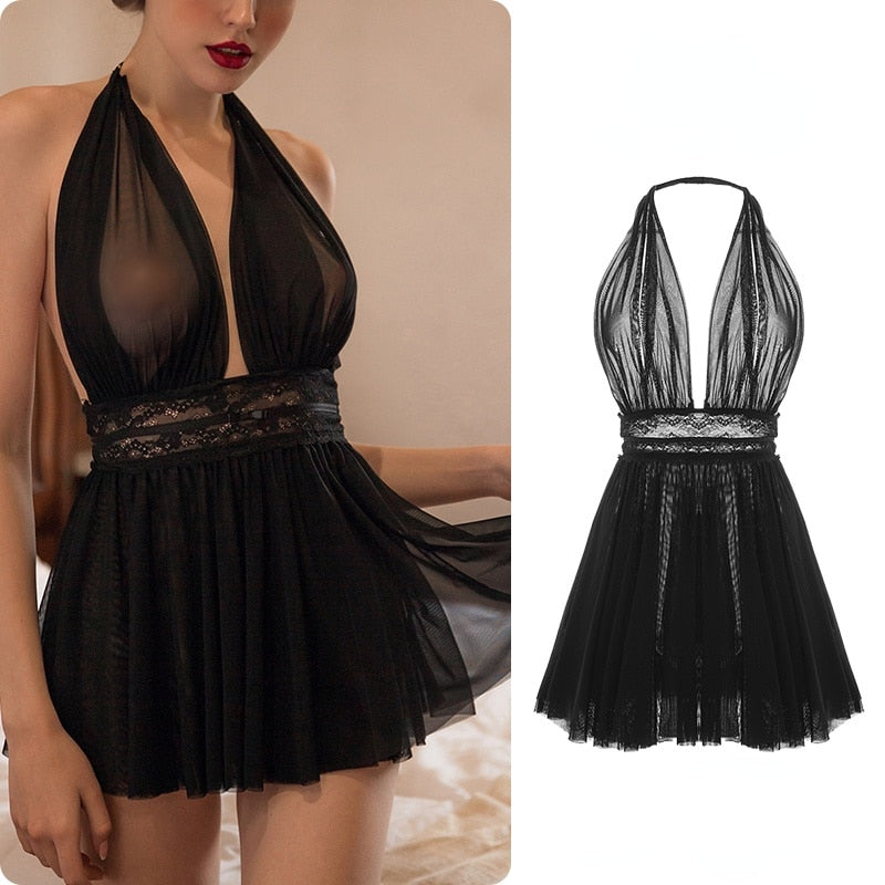 Mesh Halter Deep V-Neck Lace Trim Mini Dress 19