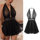 Mesh Halter Deep V-Neck Lace Trim Mini Dress 19