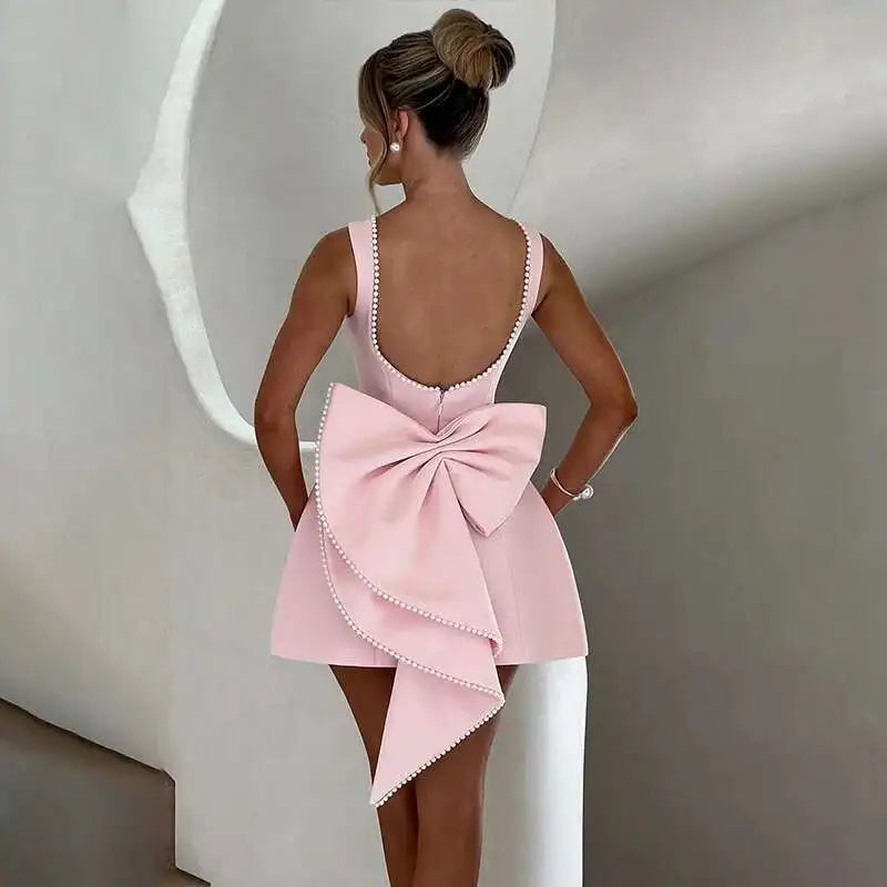 Pearl Bow Waist Wrap Backless Mini Dress 4