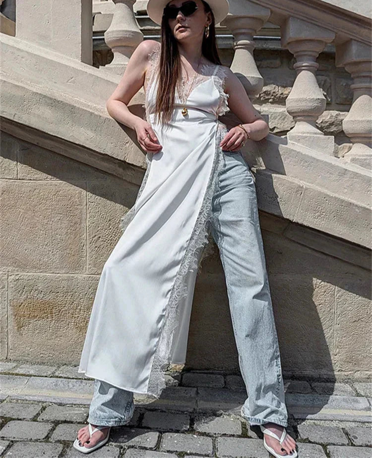 Lace Trim V-Neck Sleeveless High Split Slip Maxi Dress 10