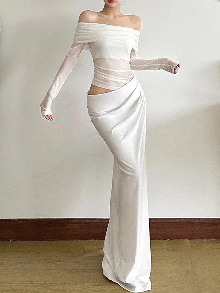 Mesh Slash Neck Patchwork Maxi Dress 2