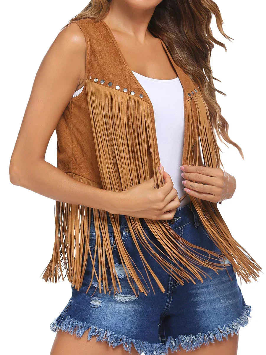Fringe Suede Look Open Front Vest