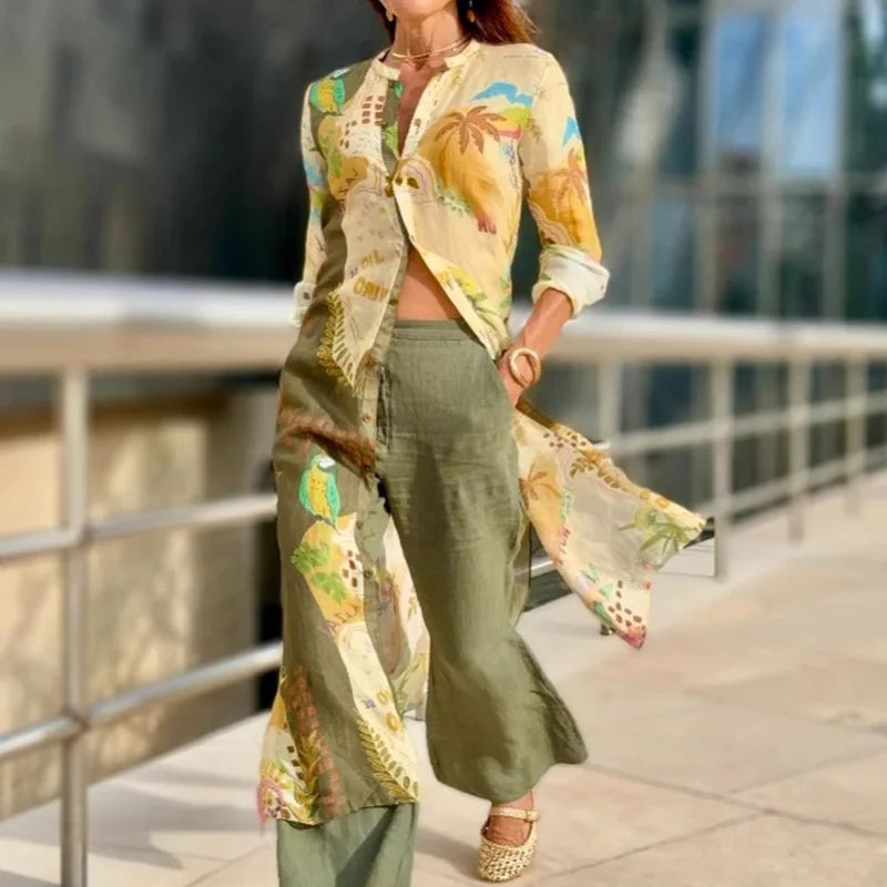 Tropical Print Long Shirt and Wide Leg Pants Two Piece Set 3