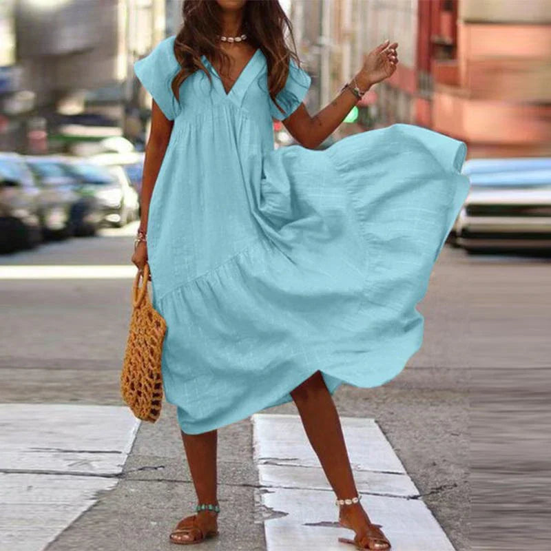 Cotton Linen Oversize Loose Vneck Boho Dress
