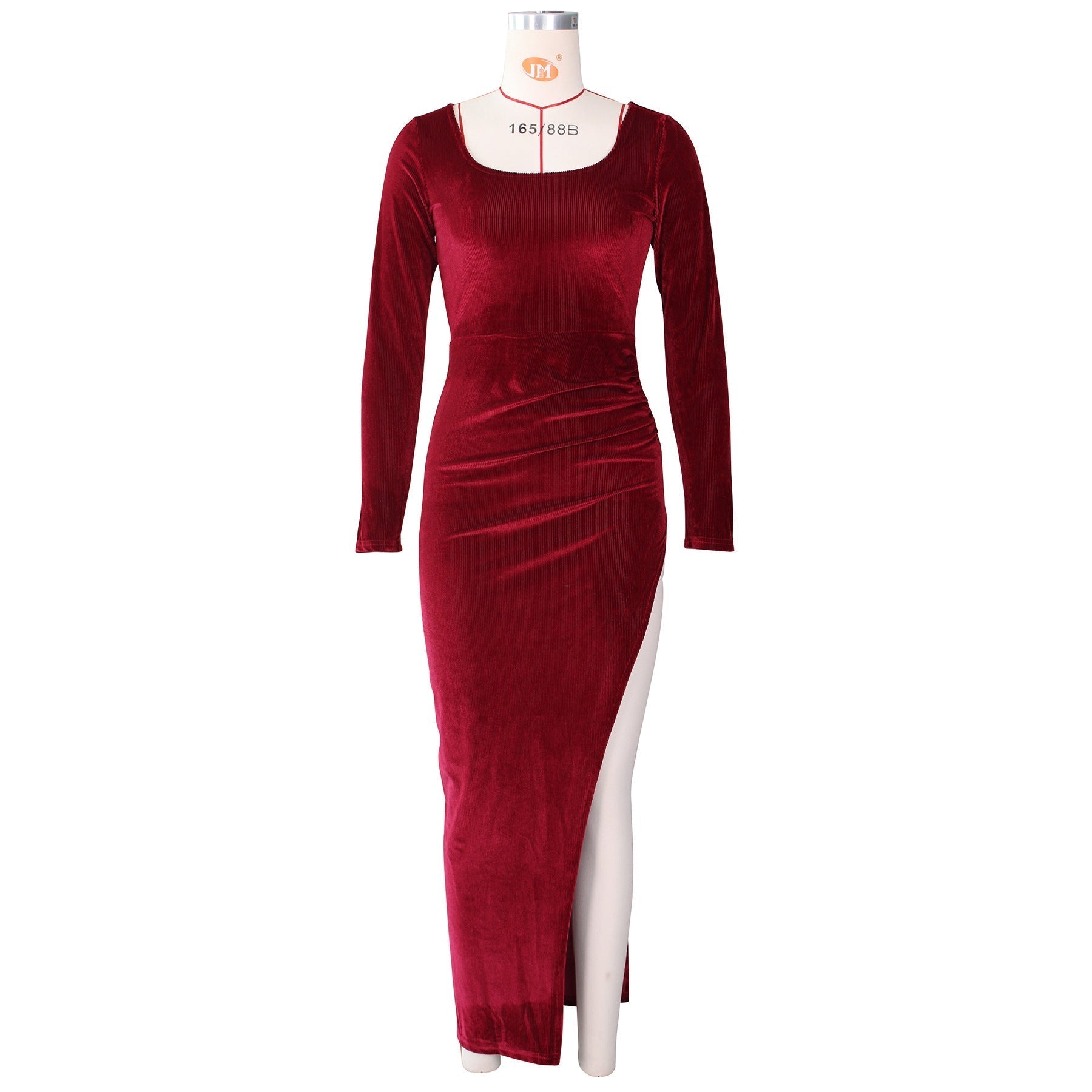 Refined Velvet High Waist Slit Maxi Dress Long Sleeve Evening Party Dress