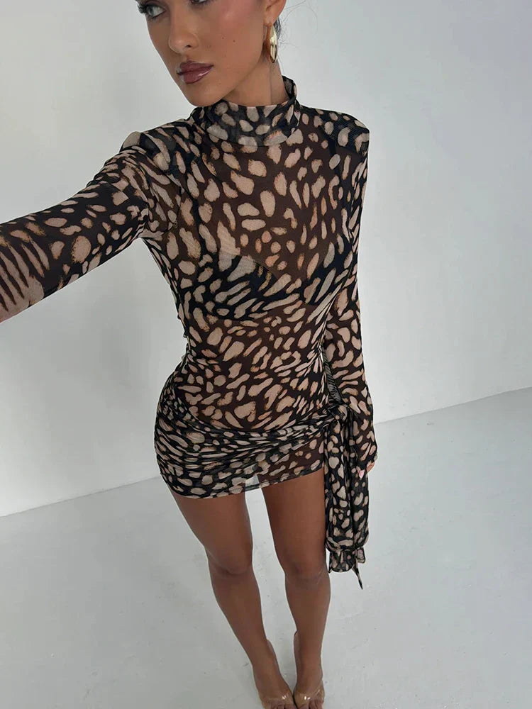 Leopard Sheer Bandage Long Sleeve Mini Dress 3