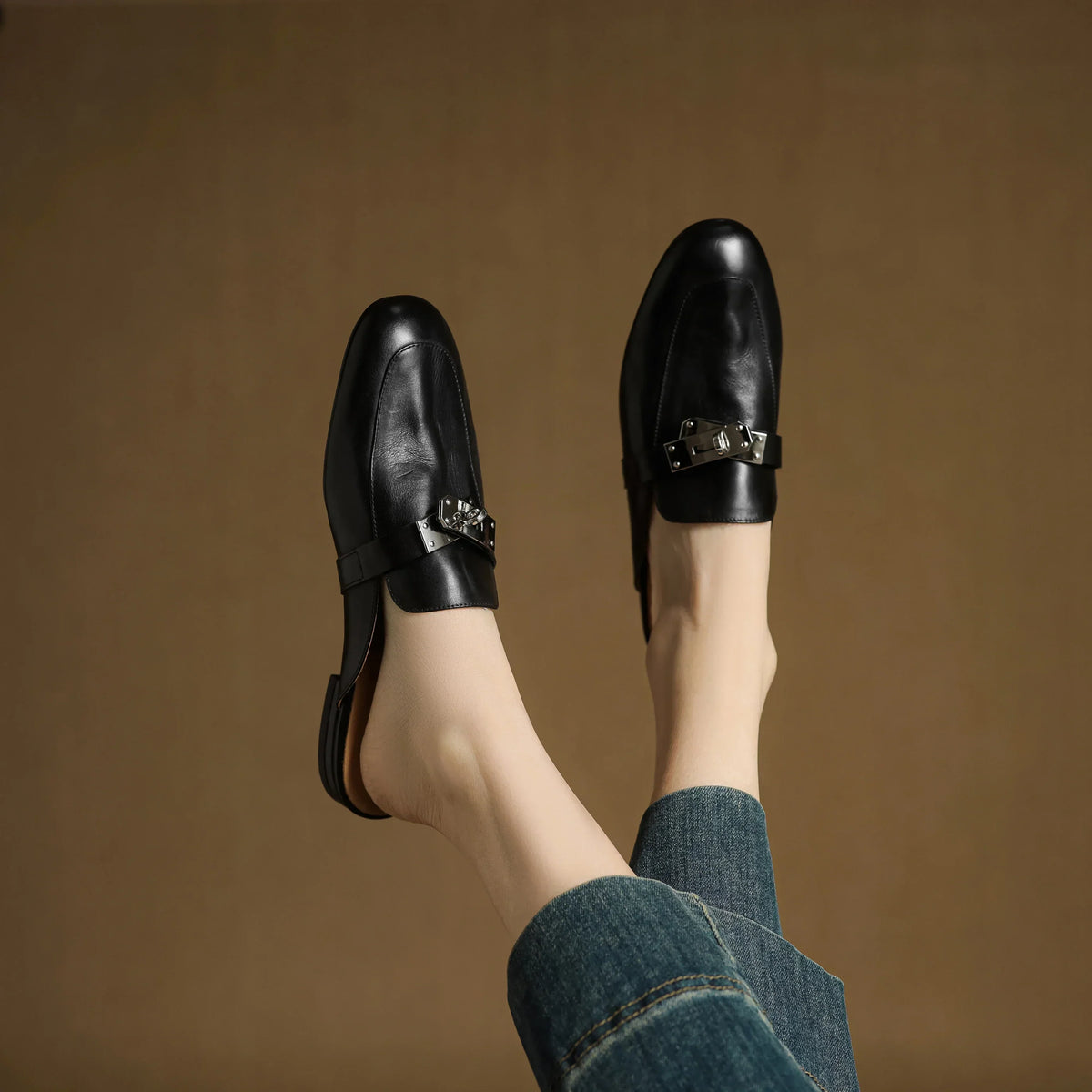 Round Toe Buckle Backless Loafer Mules