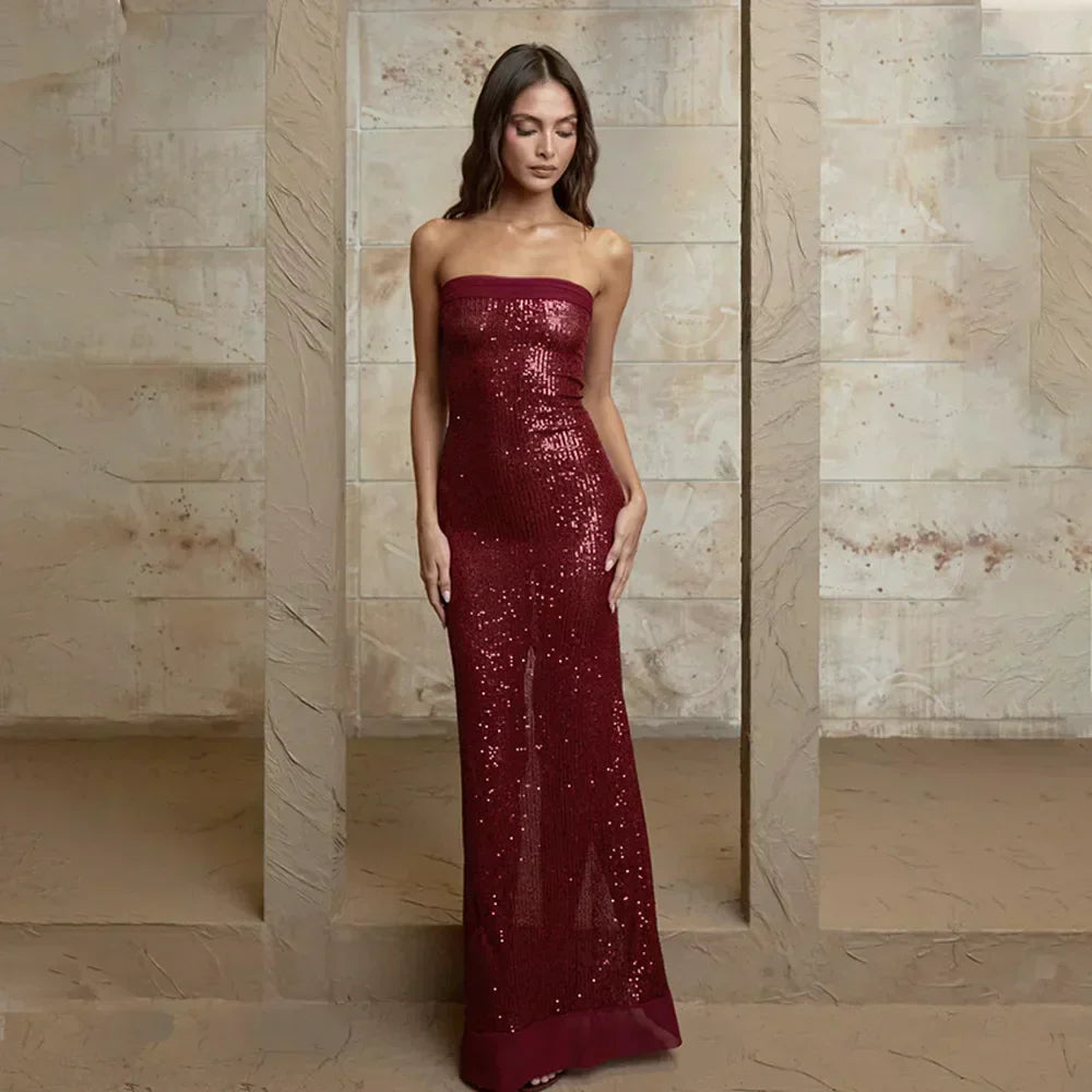 Sequin Strapless Bodycon Maxi Dress with Chiffon Hood Scarf 8