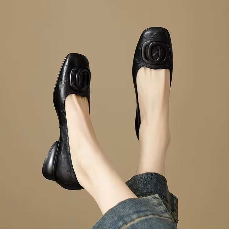 Square Toe Rosette Block Heel Ballet Flats