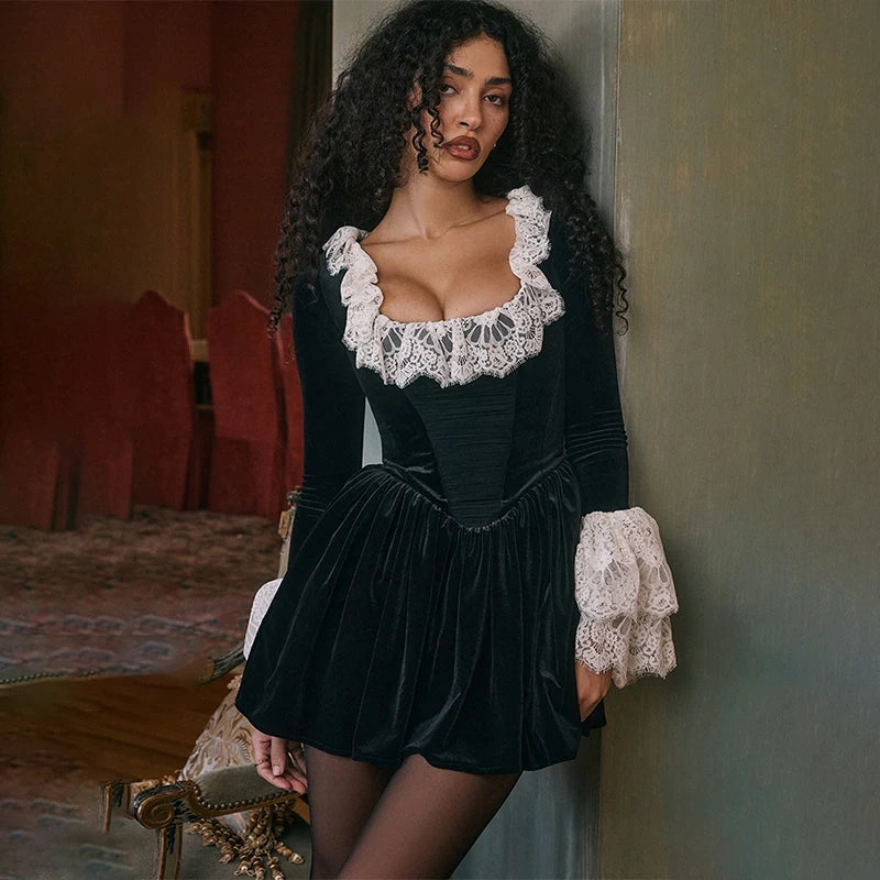 Velvet Lace Trim Square Neck Long Sleeve Drop Waist Mini Dress