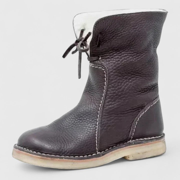Fleece Cuff Lace Up Leather Ankle Boots