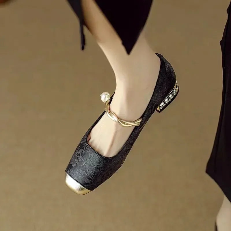 Square Toe Twist Strap Embellished Low Block Heel Mary Jane Pumps