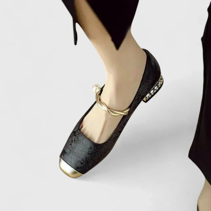 Square Toe Metallic Cap Twist Strap Mary Jane Flats