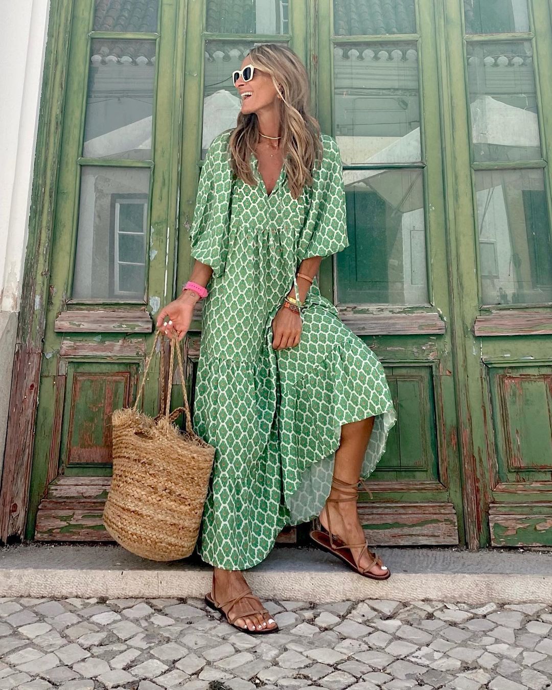 Geometric Print V-Neck Puff Sleeve Tiered High Low Maxi Dress