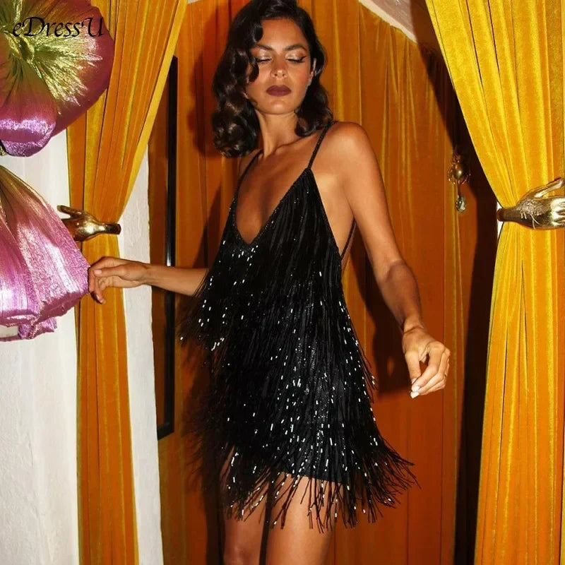Deep V Fringe Backless Mini Party Dress