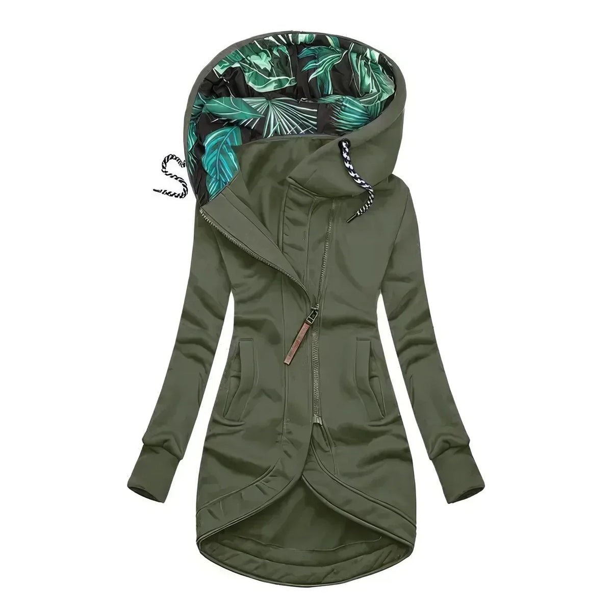 Hooded Zip Front Drawstring High Low Longline Jacket