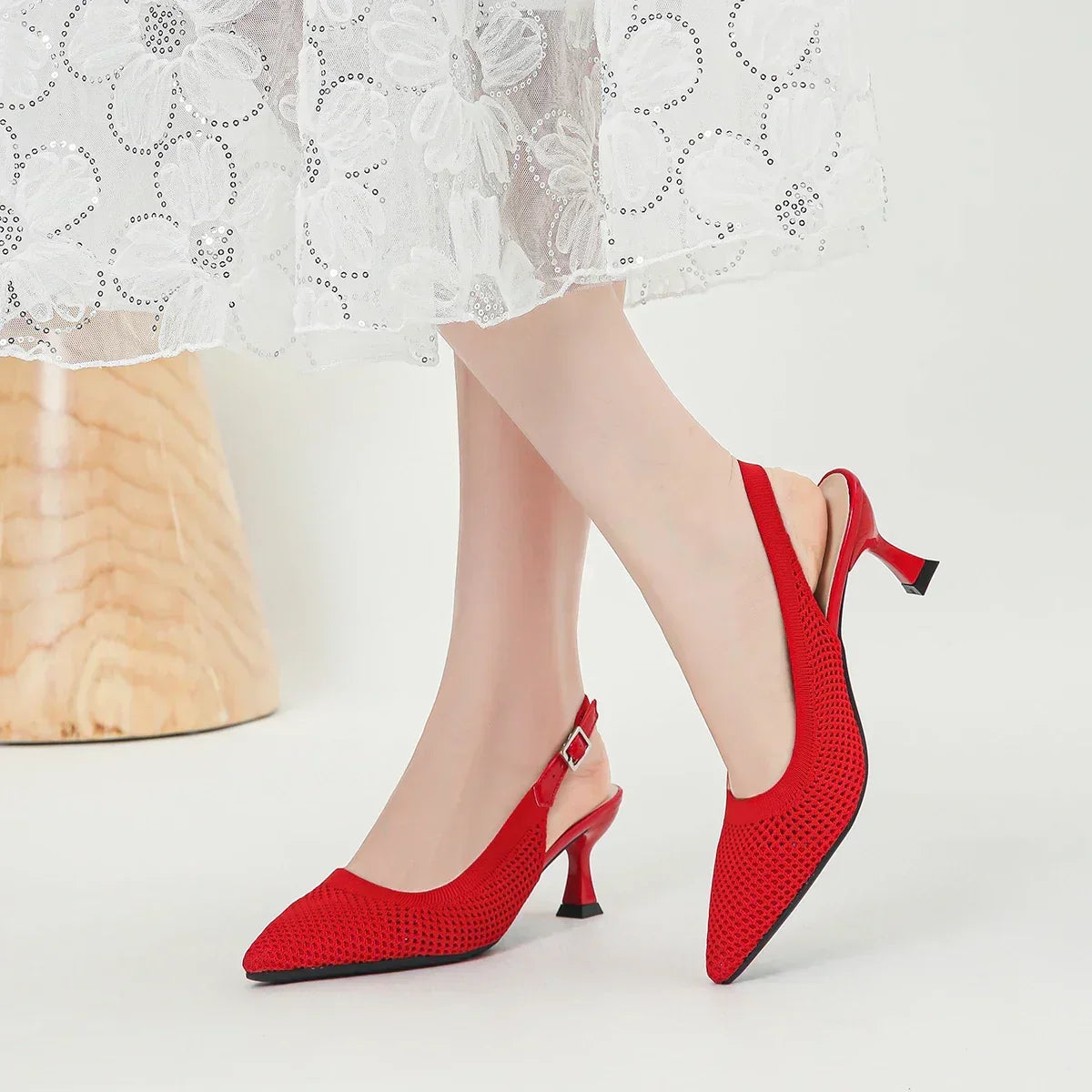 Pointed Toe Slingback Mesh Kitten Heel Pumps