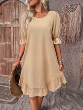 Round Neck Puff Sleeve Ruffle Hem Shift Mini Dress 2