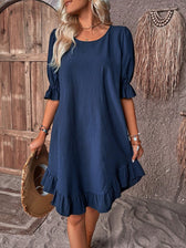 Round Neck Puff Sleeve Ruffle Hem Shift Mini Dress
