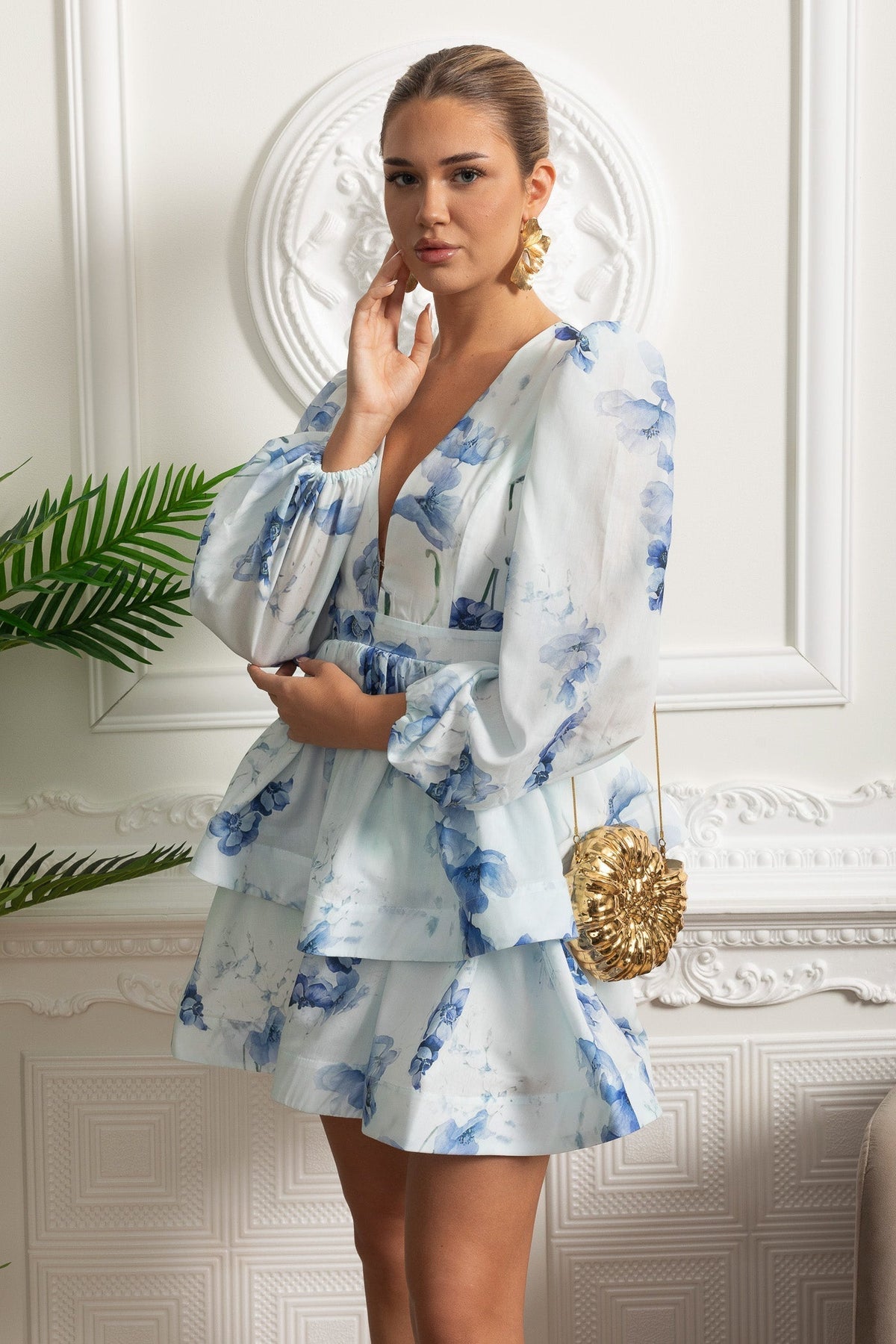 Floral Deep V-Neck Puff Long Sleeve Peplum Tiered Mini Dress 2