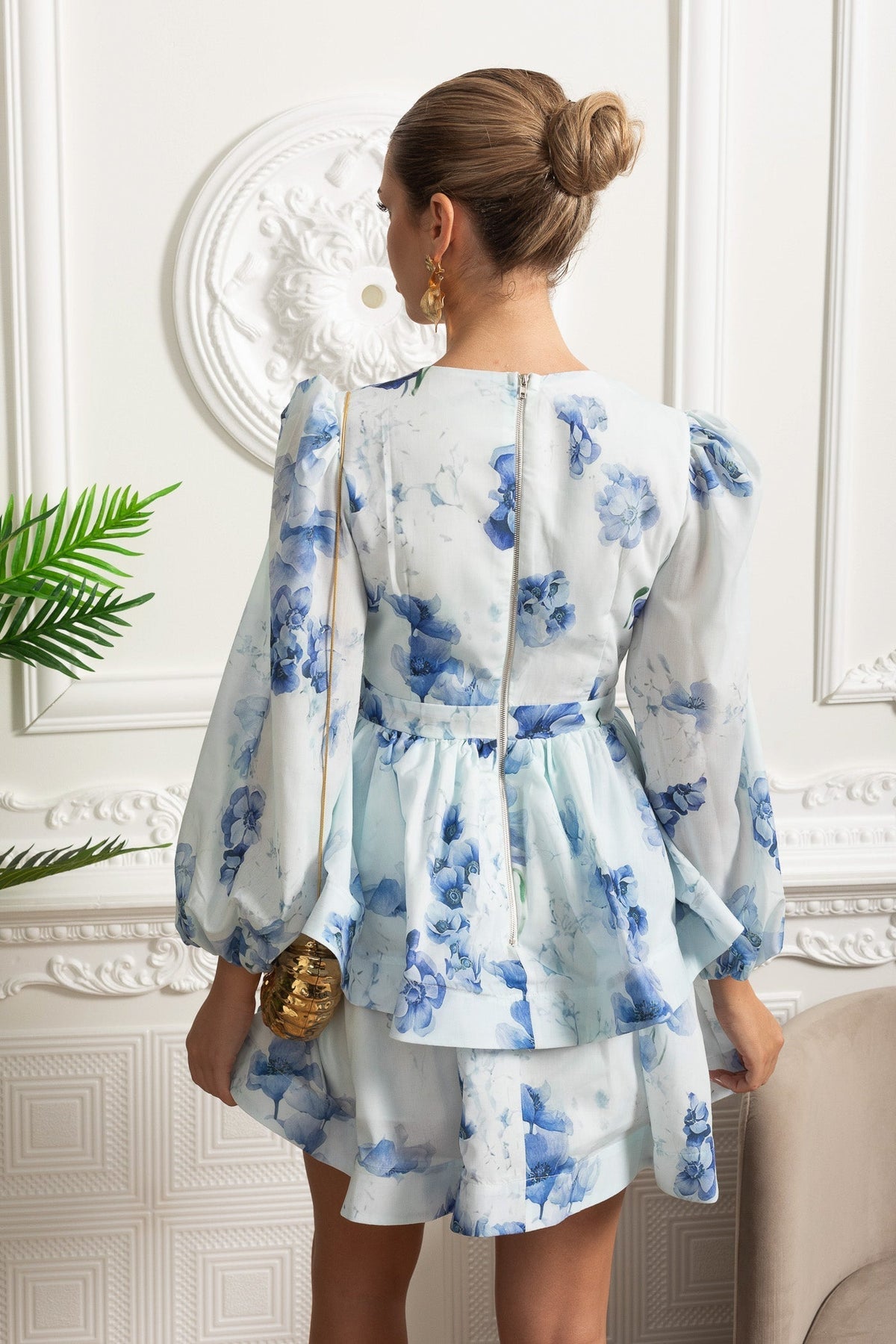 Floral Deep V-Neck Puff Long Sleeve Peplum Tiered Mini Dress 9